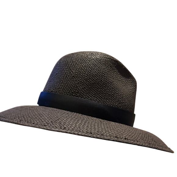 Janessa Leone Black Straw Hat Wide Brim Fedora Sz. Small - Picture 6 of 10